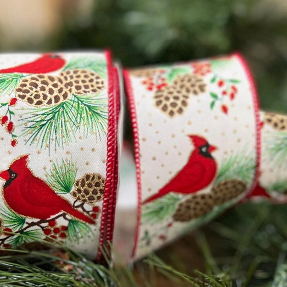 2.5" x 10 Yds Red Cardinal Pinecone Pine Bough Wired Christmas Ribbon Wreath Bow